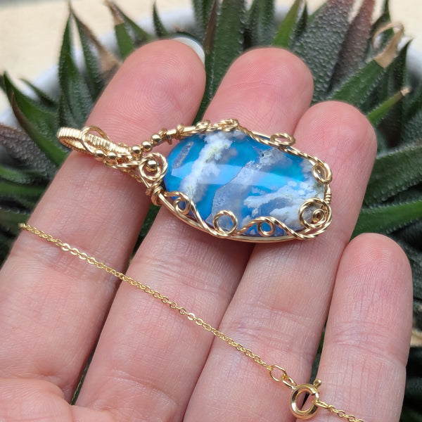 Plume Agate Wire Wrapped Yellow Gold-fill Pendant w/ Chain
