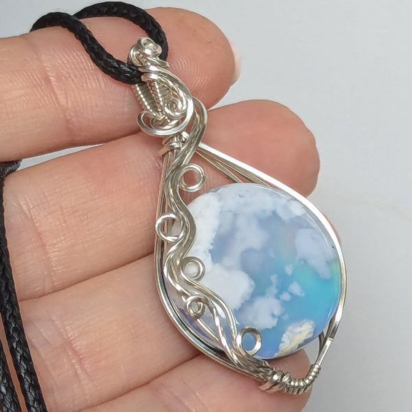 Plume Agate Doublet Wire Wrapped Pendant in Sterling Silver