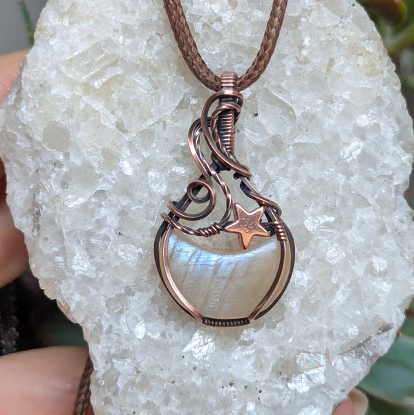 Rainbow Moonstone Crescent Wire Wrapped Pendant in Oxidized Copper