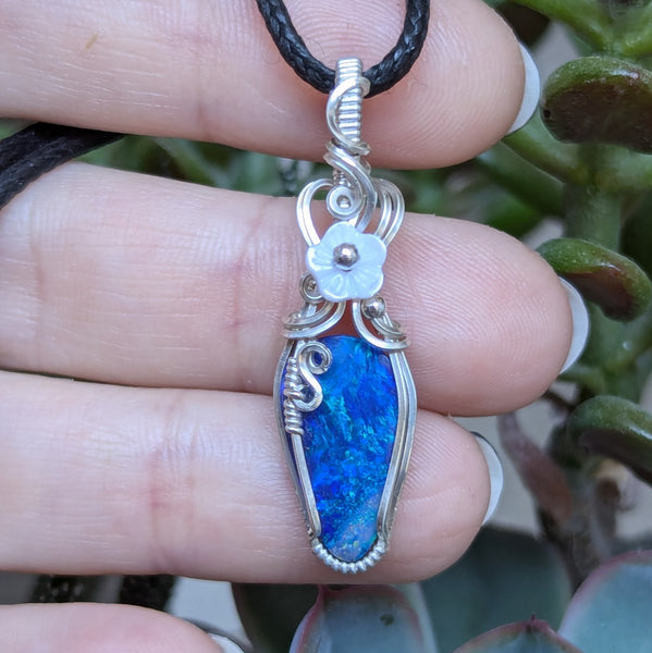 Australian Opal Doublet Wire Wrapped Sterling Silver Pendant