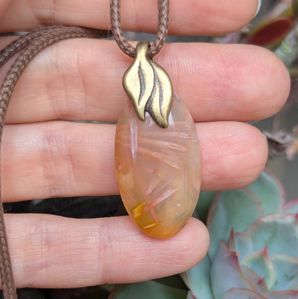 Stick Agate Leaf Bail Pendant in Antique Brass