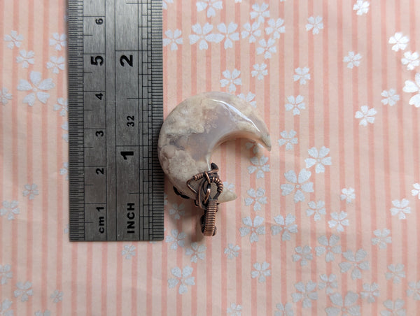 Flower Agate Crescent Moon Wire Wrapped Pendant in Oxidized Copper