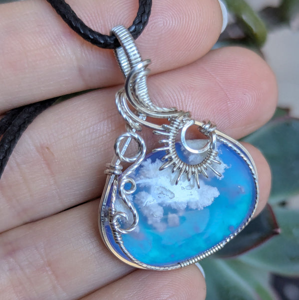 Plume Agate Doublet Wire Wrapped Pendant in Sterling Silver