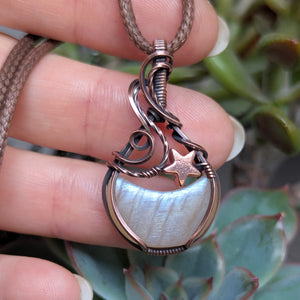 Rainbow Moonstone Crescent Wire Wrapped Pendant in Oxidized Copper