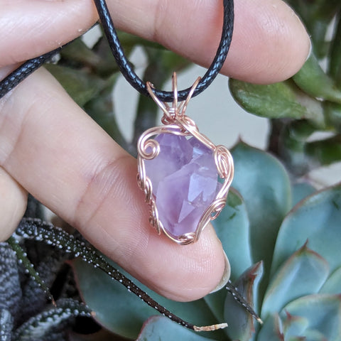 Raw Amethyst Crystal Wire Wrapped Pendant in Pink Enameled Copper