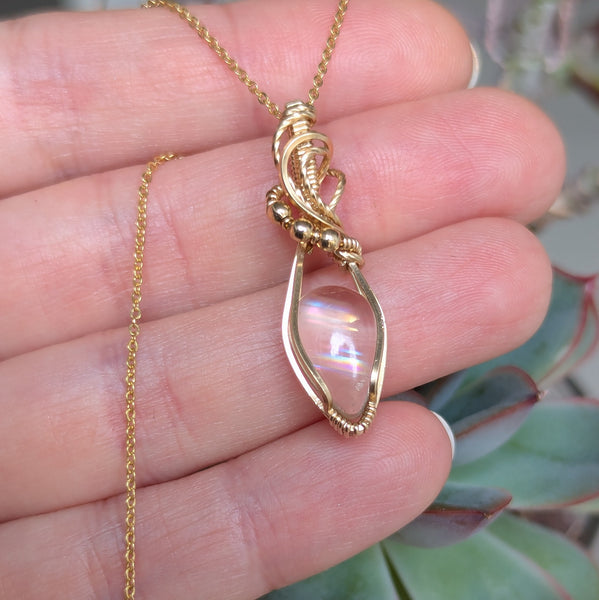 Malawi Moonstone Wire Wrapped Yellow Gold-fill Pendant w/ Chain