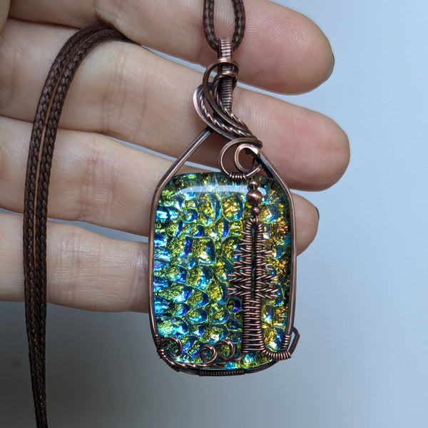 Dichroic Glass Pine Tree Wire Wrapped Pendant in Oxidized Copper