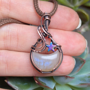 Rainbow Moonstone Crescent Wire Wrapped Pendant in Oxidized Copper