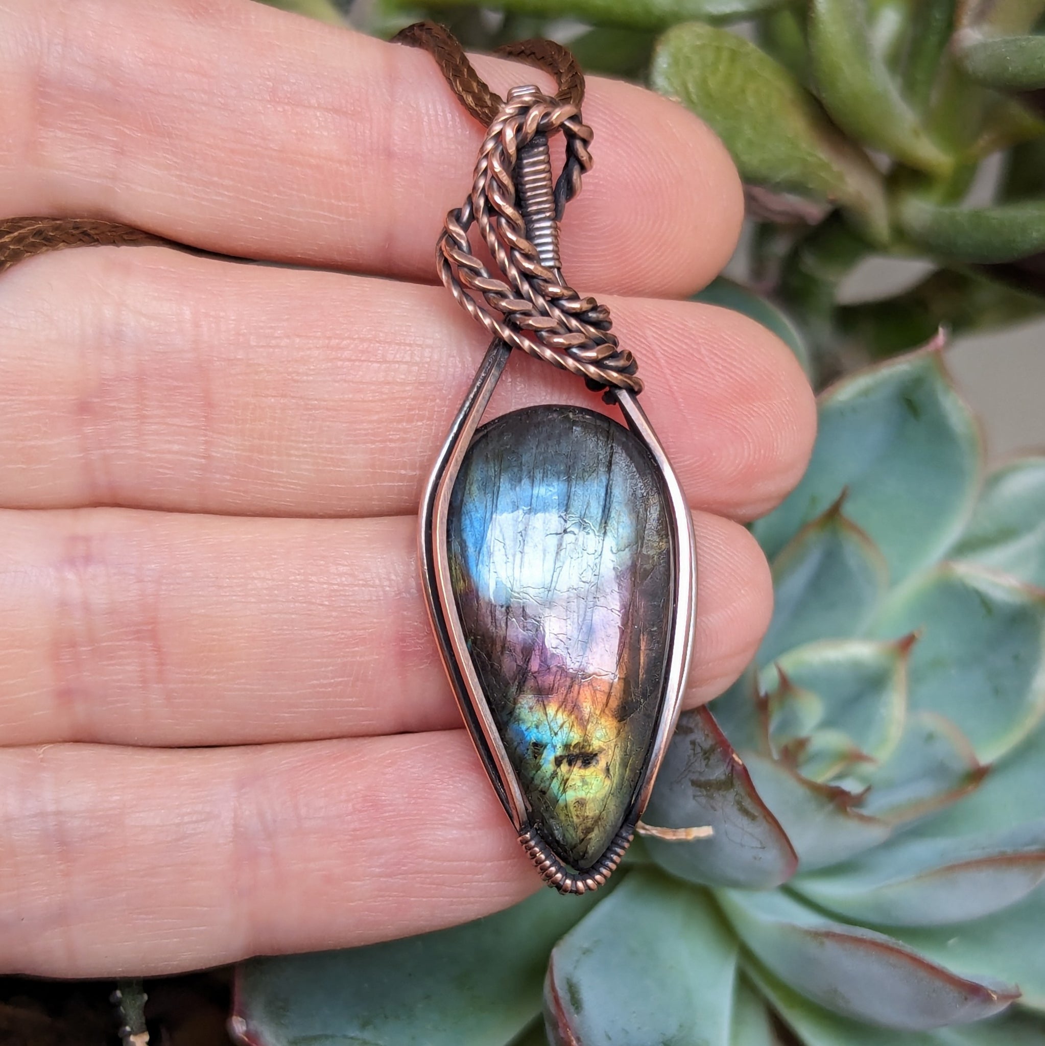 Labradorite Wire Wrapped Pendant in Oxidized Copper