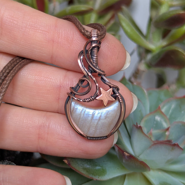 Rainbow Moonstone Crescent Wire Wrapped Pendant in Oxidized Copper