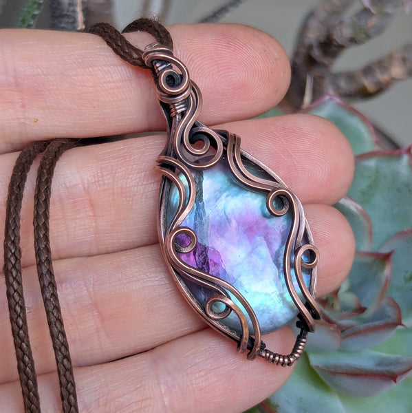 Fluorite Doublet Wire Wrapped Pendant in Oxidized Copper