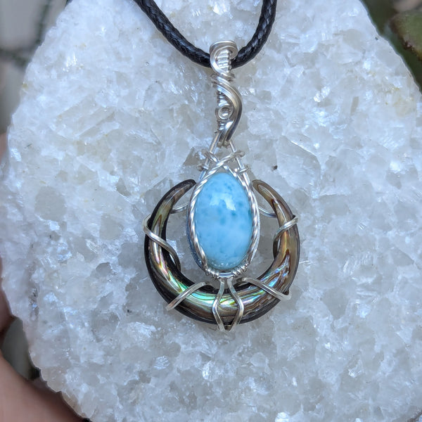 Abalone Crescent Moon & Larimar Wire Wrapped Sterling Silver Pendant