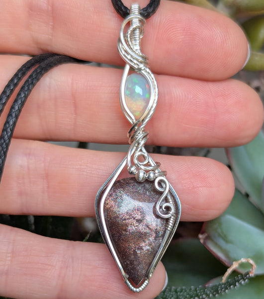 Red Sunstone & Welo Opal Wire Wrapped Pendant in Sterling Silver