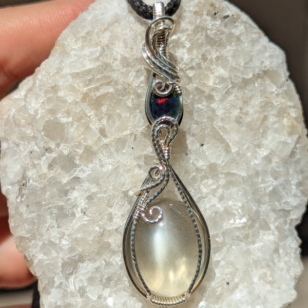 Grey Moonstone & Welo Opal Wire Wrapped Sterling Silver Pendant