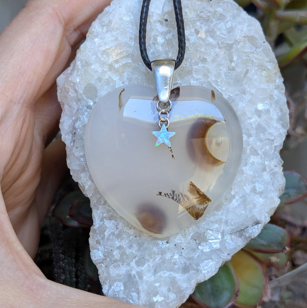 Dendritic Agate Heart Sterling Silver Pendant