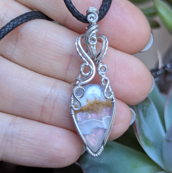 Plume Agate Doublet Wire Wrapped Pendant in Sterling Silver