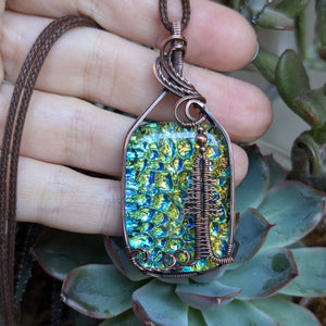 Dichroic Glass Pine Tree Wire Wrapped Pendant in Oxidized Copper