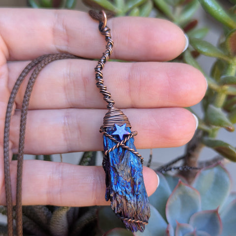 Aura Kyanite Witch Broom Wire Wrapped Oxidized Copper Pendant