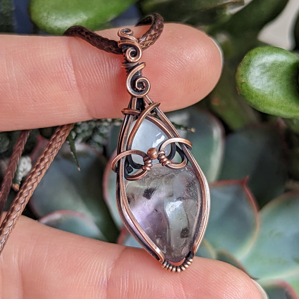 Amethyst with Hollandite & Silky Moonstone Vase Pendant in Oxidized Copper