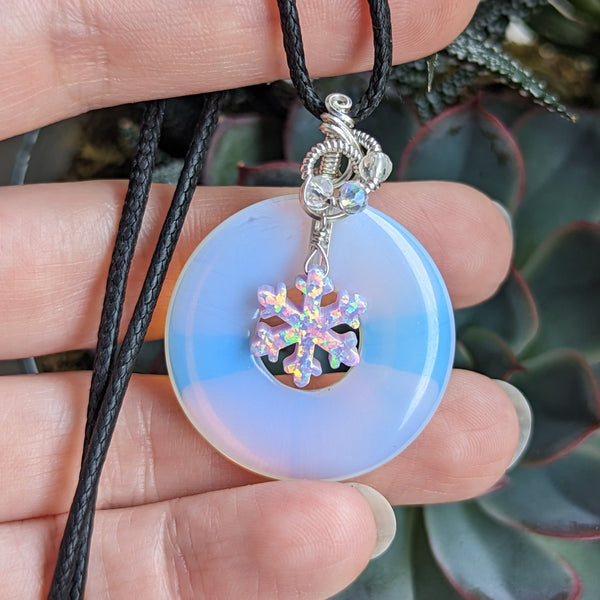 Opalite Donut with Dangle Snowflake Pendant in Sterling Silver