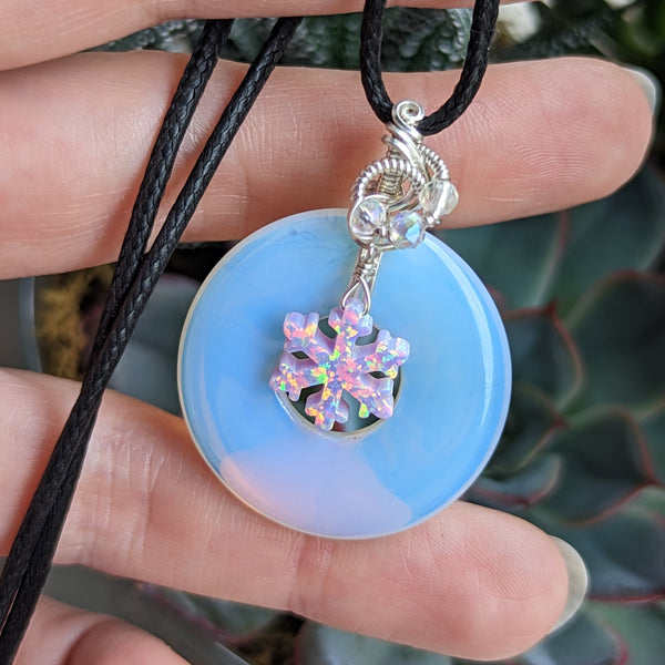 Opalite Donut with Dangle Snowflake Pendant in Sterling Silver