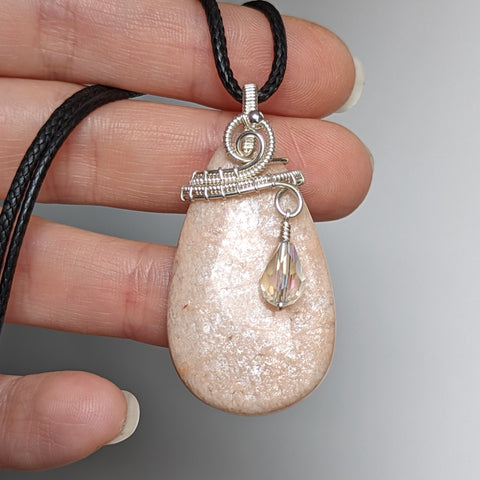 Icy Peach Moonstone Pendant with Crystal Dangle in Sterling Silver