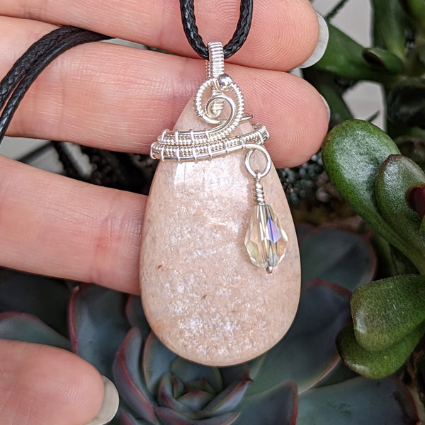 Icy Peach Moonstone Pendant with Crystal Dangle in Sterling Silver