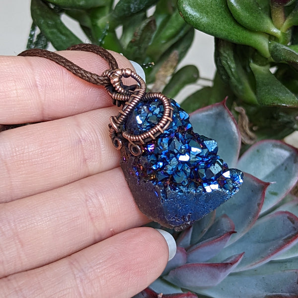 Titanium Coated Agate Druzy Crystal Cluster in Oxidized Copper