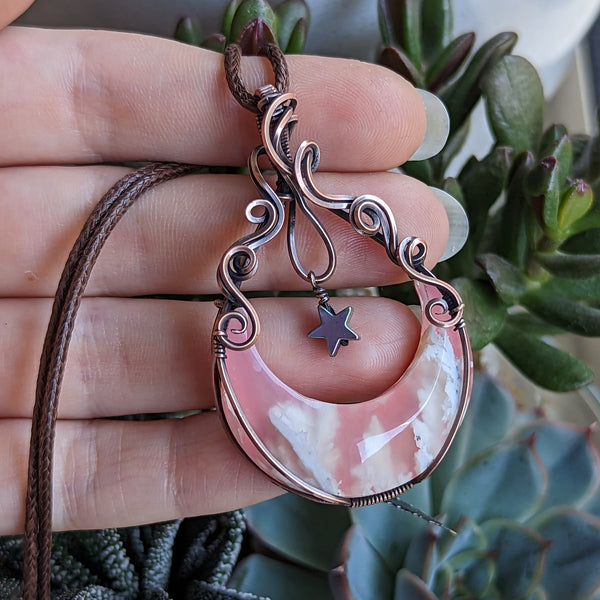 Plume Agate Crescent Moon with Dangle Star Oxidized Copper Pendant