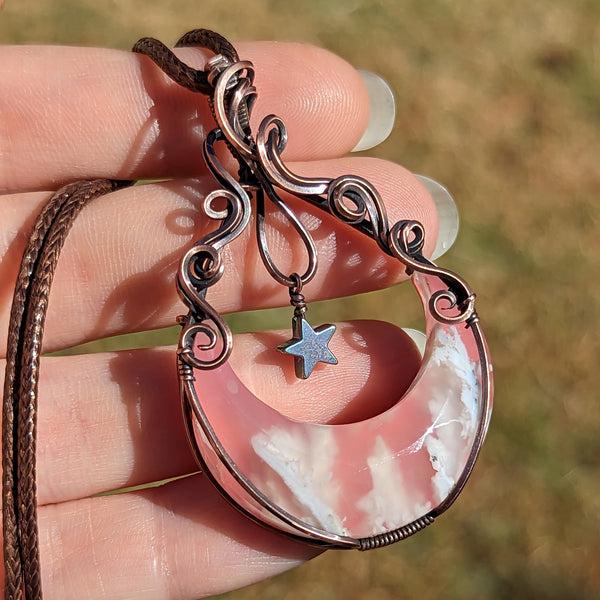 Plume Agate Crescent Moon with Dangle Star Oxidized Copper Pendant