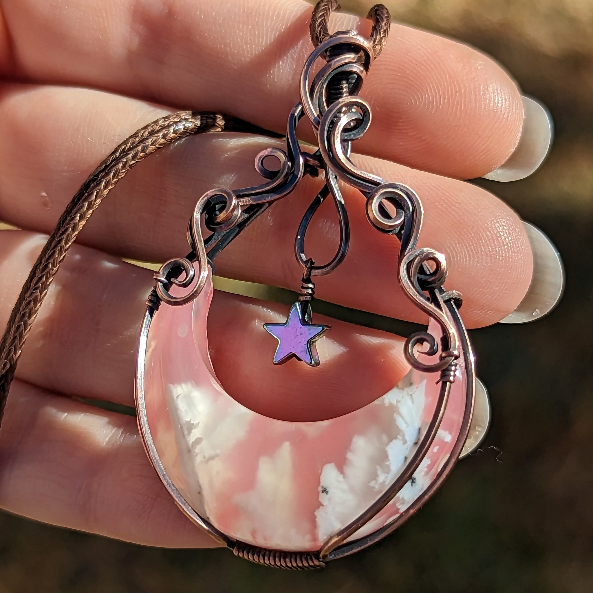 Plume Agate Crescent Moon with Dangle Star Oxidized Copper Pendant