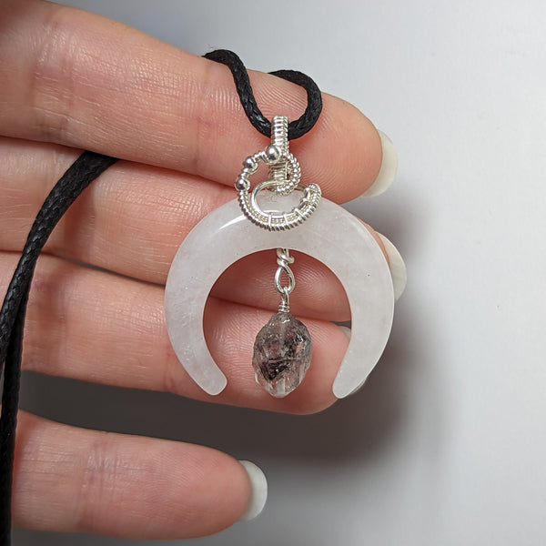 White Quartz Crescent Moon & Herkimer Diamond Pendant in Sterling Silver