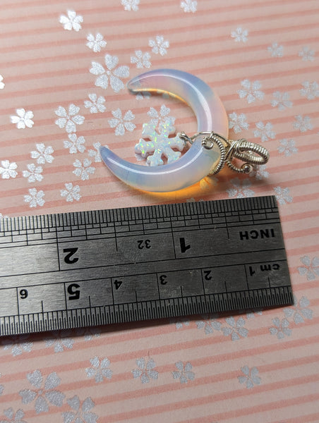 Opalite Crescent Moon & Opal Snowflake Pendant in Sterling Silver