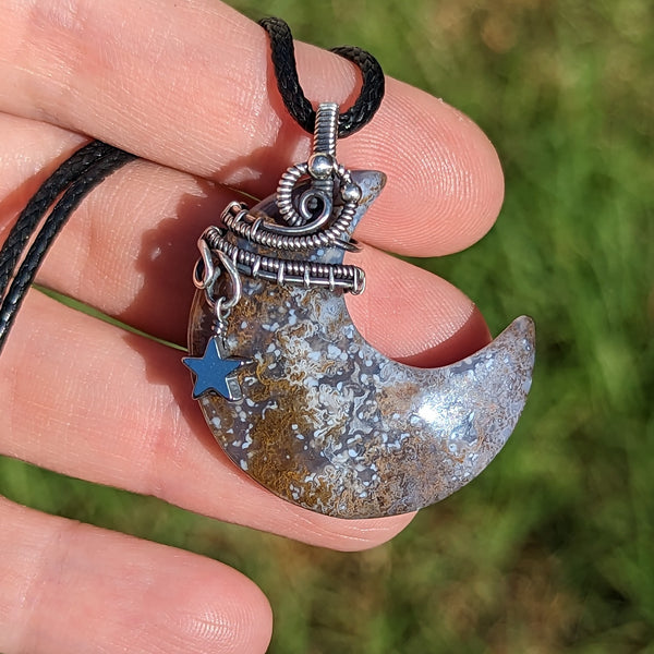 Grey Agate Crescent Moon with Dangle Star Pendant in Oxidized Sterling Silver