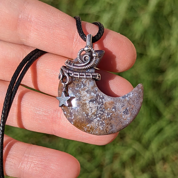 Grey Agate Crescent Moon with Dangle Star Pendant in Oxidized Sterling Silver