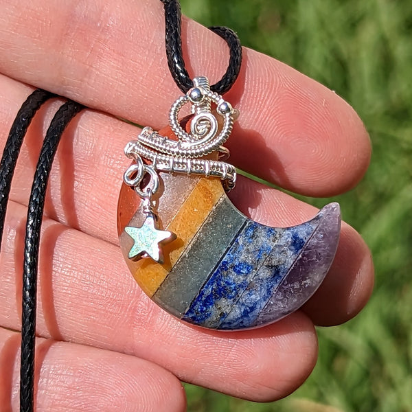 Chakra Crescent Moon with Dangle Star Pendant in Sterling Silver