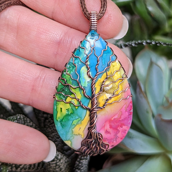 Rainbow Dyed Agate Tree of Life Pendant in Oxidized Copper