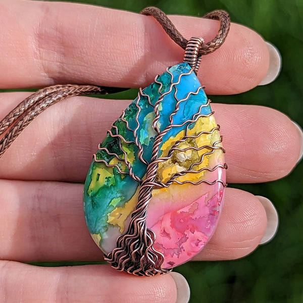 Rainbow Dyed Agate Tree of Life Pendant in Oxidized Copper