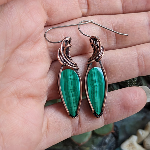 Malachite Earrings in Oxidized Copper