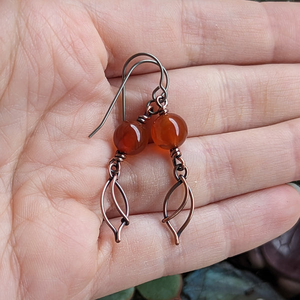 Carnelian Leaf Earrings in Oxidized Copper