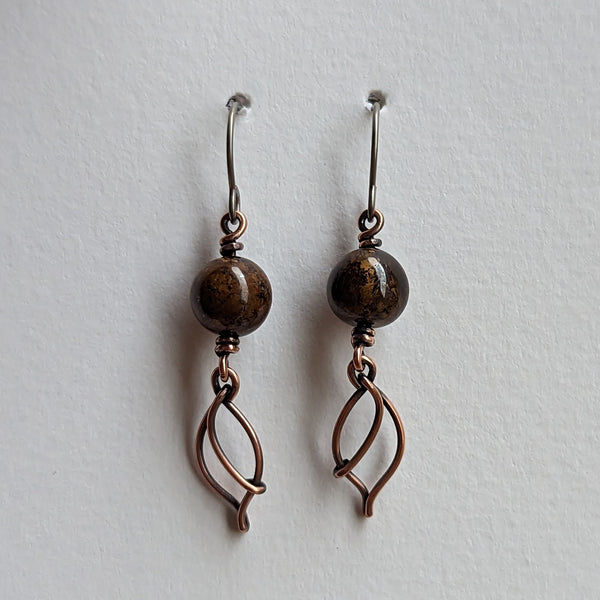 Bronzite Leaf Earrings in Oxidized Copper