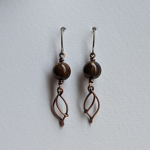 Bronzite Leaf Earrings in Oxidized Copper